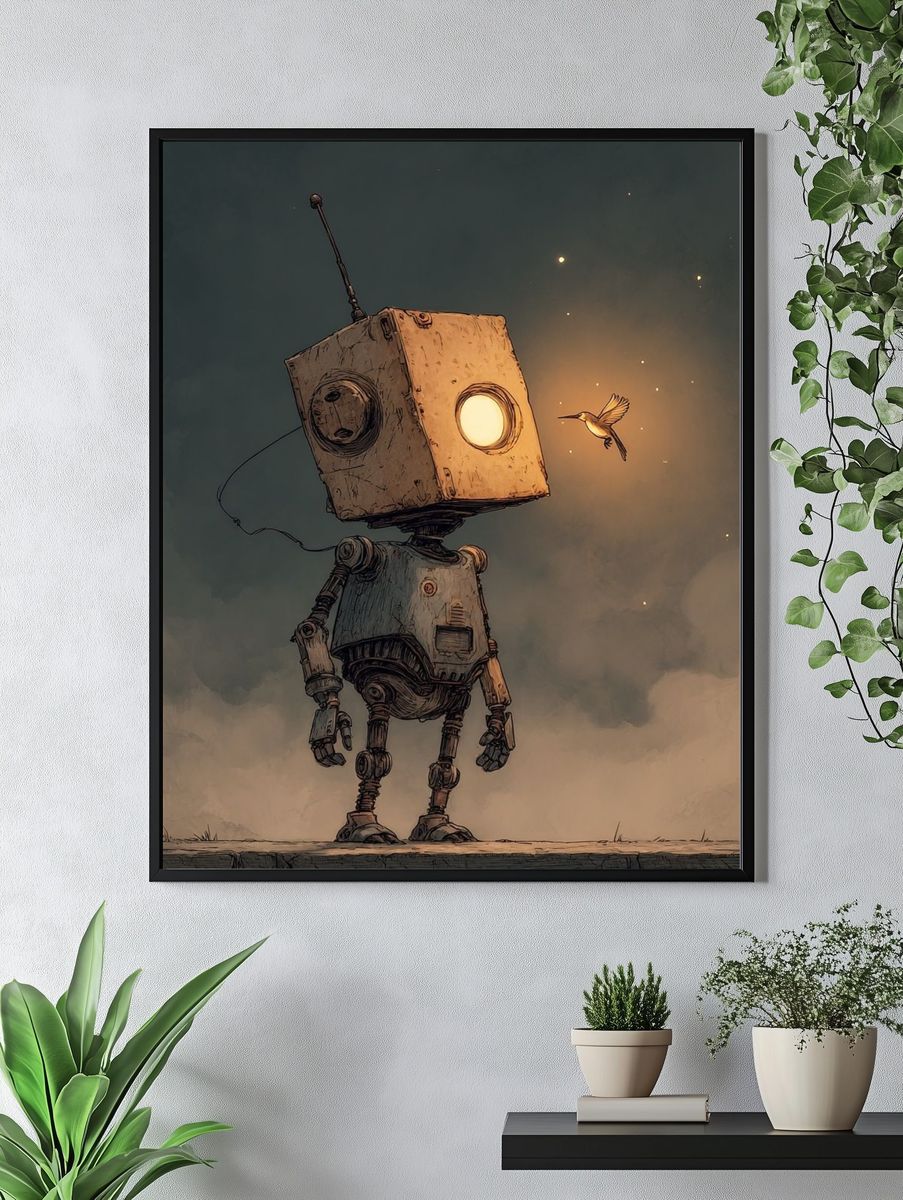 Robot and Hummingbird Illustration Poster. — room view 4