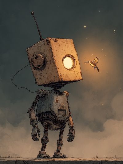 Robot and Hummingbird Illustration Poster. poster print