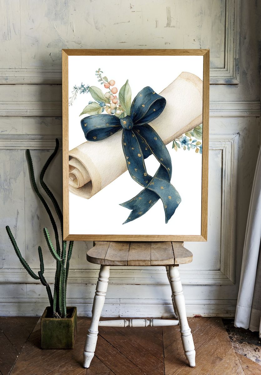 Watercolor Scroll Ribbon Botanical Print. — room view 1
