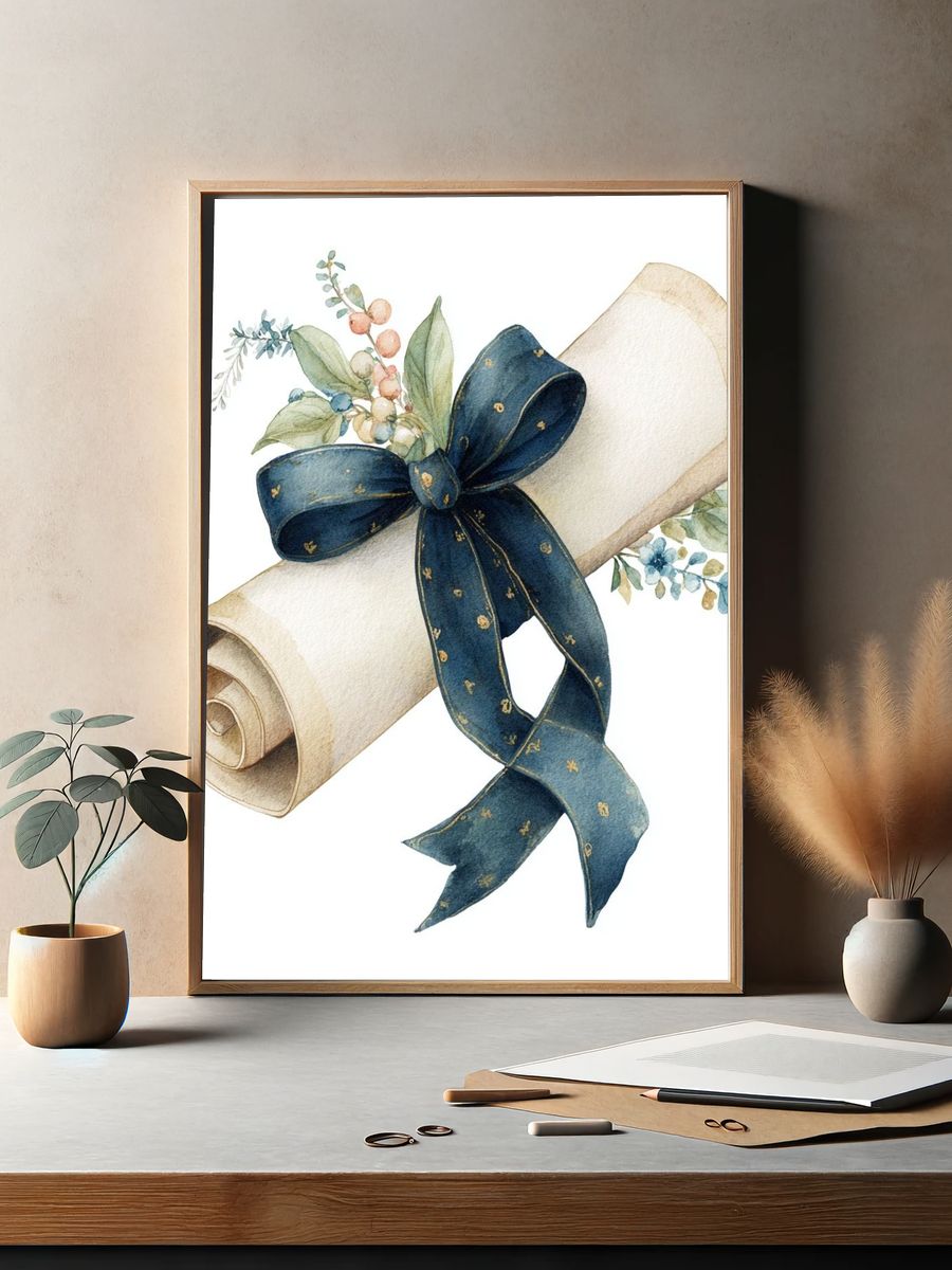 Watercolor Scroll Ribbon Botanical Print. — room view 2