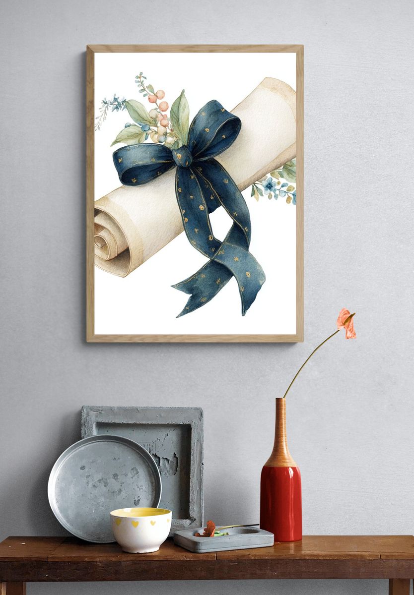 Watercolor Scroll Ribbon Botanical Print. — room view 3