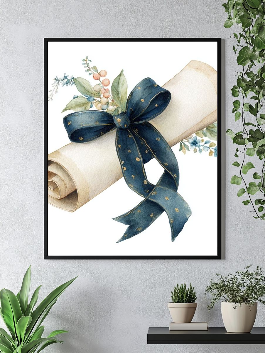 Watercolor Scroll Ribbon Botanical Print. — room view 4
