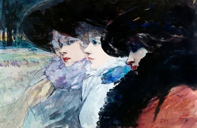 Three women profile (1890-1900) painting. poster