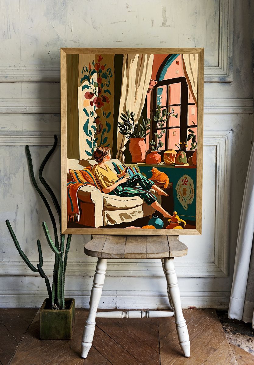 Cozy Interior with Cat Illustration Poster. — room view 1
