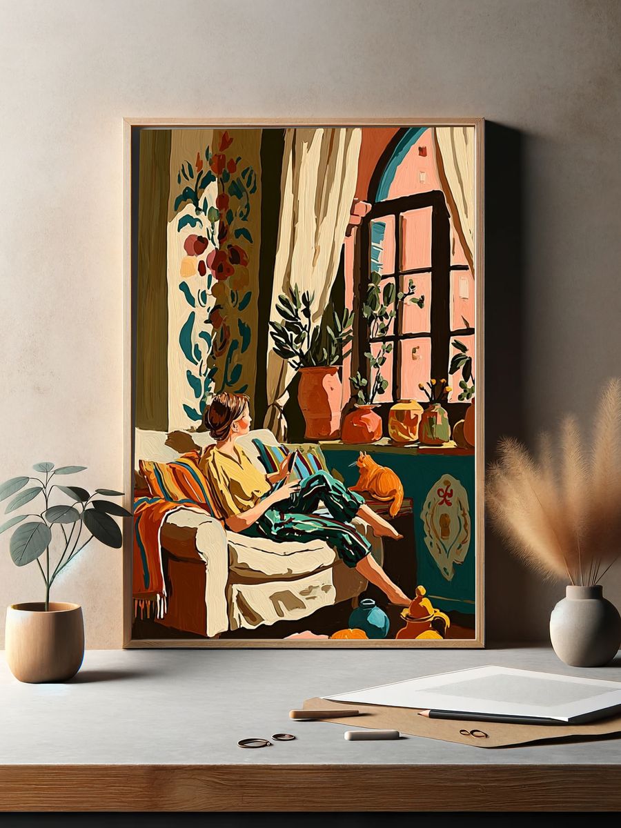 Cozy Interior with Cat Illustration Poster. — room view 2