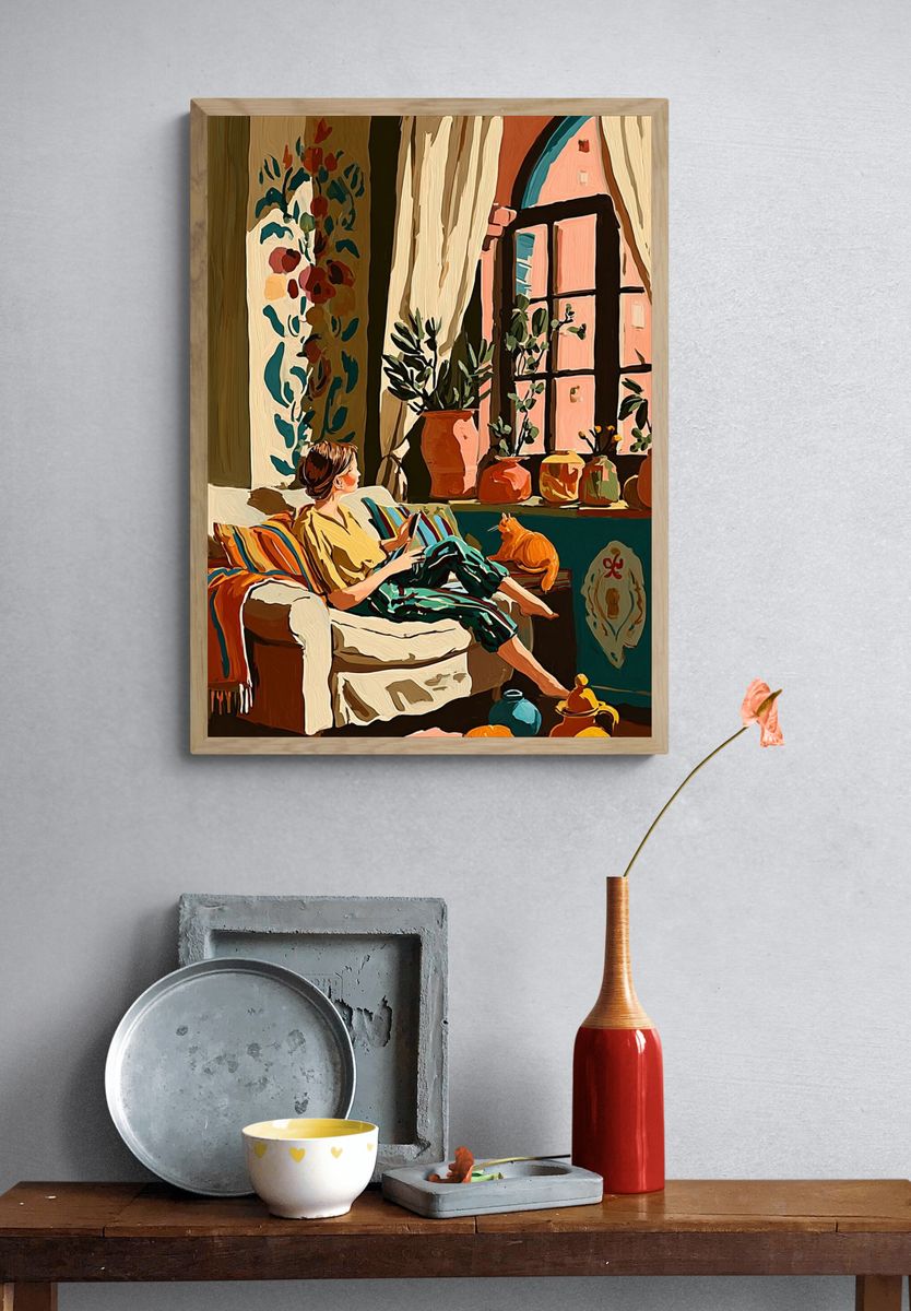 Cozy Interior with Cat Illustration Poster. — room view 3