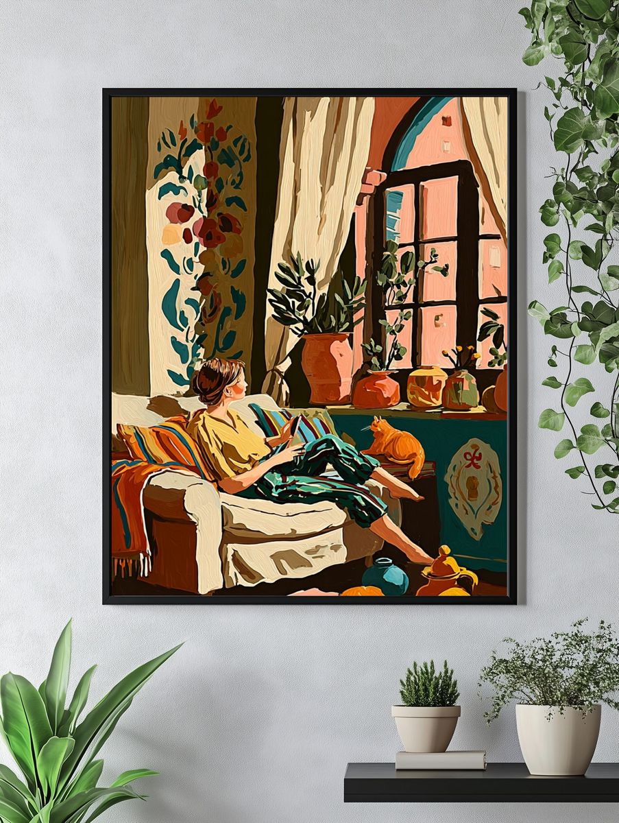 Cozy Interior with Cat Illustration Poster. — room view 4