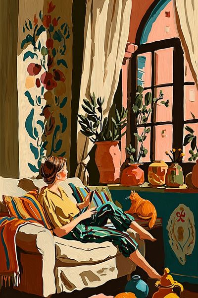 Cozy Interior with Cat Illustration Poster. poster print