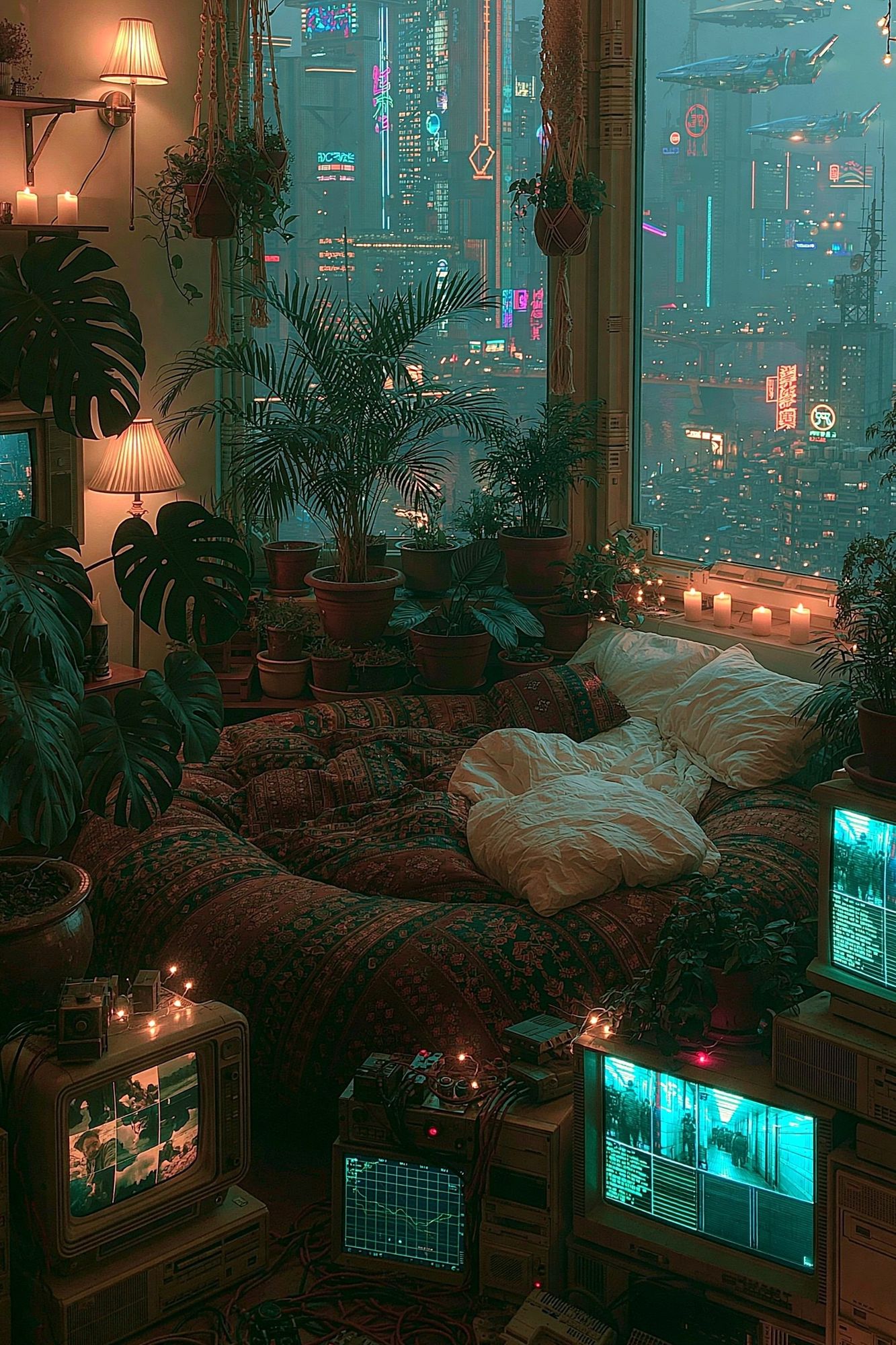 Cyberpunk Bedroom Cityscape Poster. poster detail