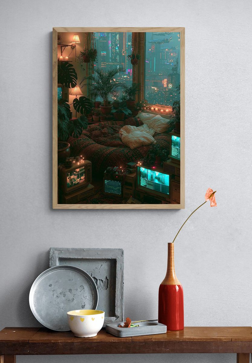 Cyberpunk Bedroom Cityscape Poster. — room view 3