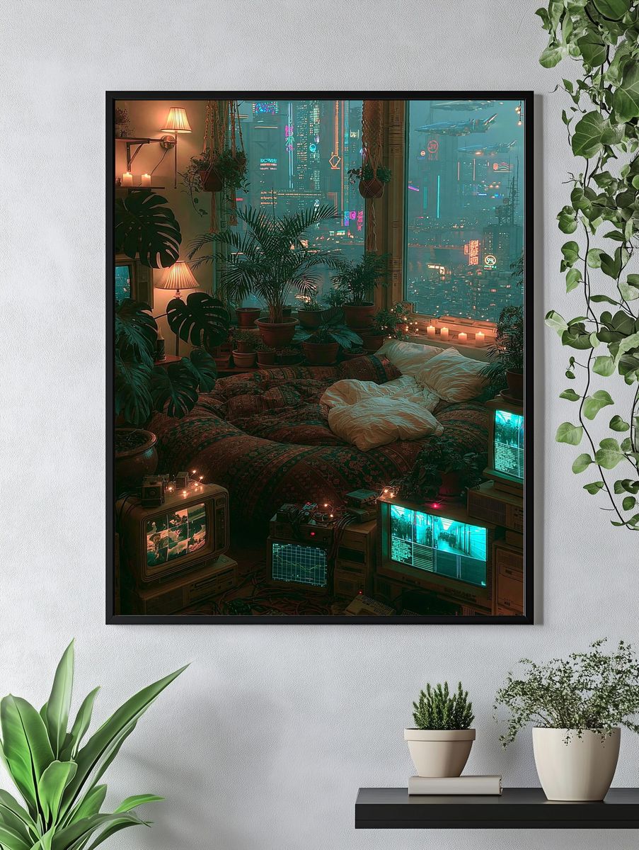 Cyberpunk Bedroom Cityscape Poster. — room view 4
