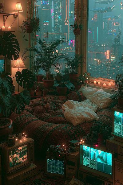 Cyberpunk Bedroom Cityscape Poster. poster print