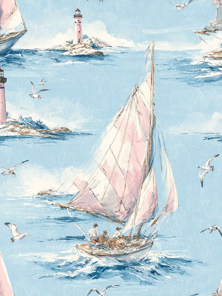 Pastel Sailboats by the Lighthouse Print. poster detail