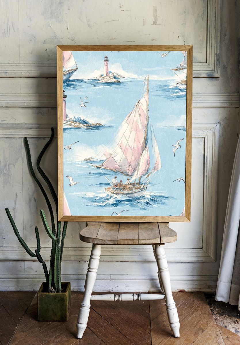 Pastel Sailboats by the Lighthouse Print. — room view 1