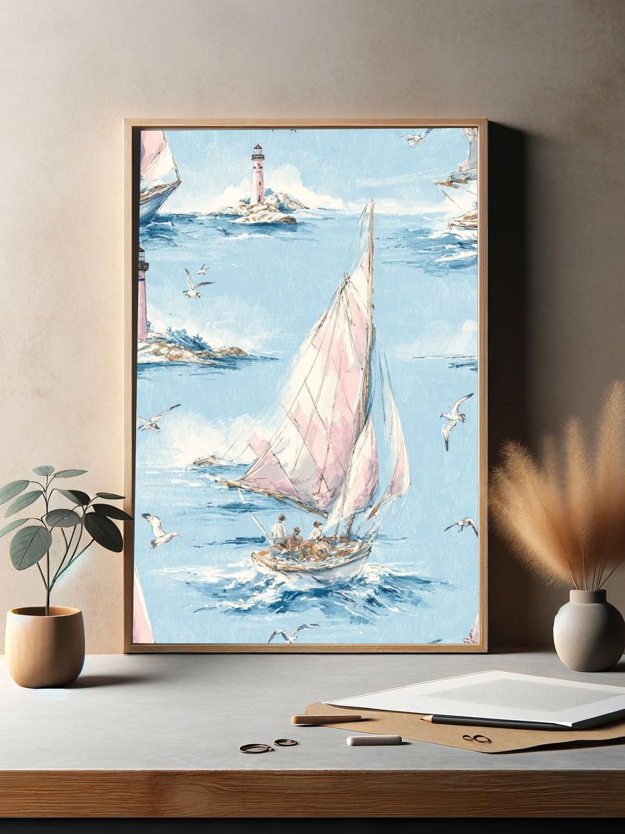 Pastel Sailboats by the Lighthouse Print. — room view 2