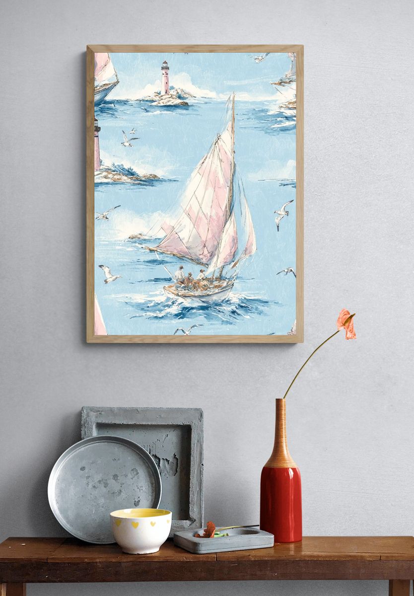 Pastel Sailboats by the Lighthouse Print. — room view 3