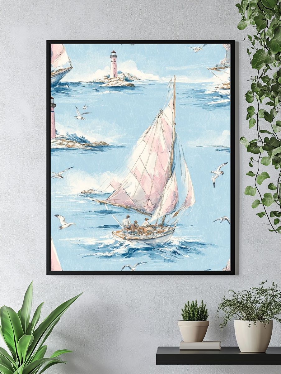 Pastel Sailboats by the Lighthouse Print. — room view 4