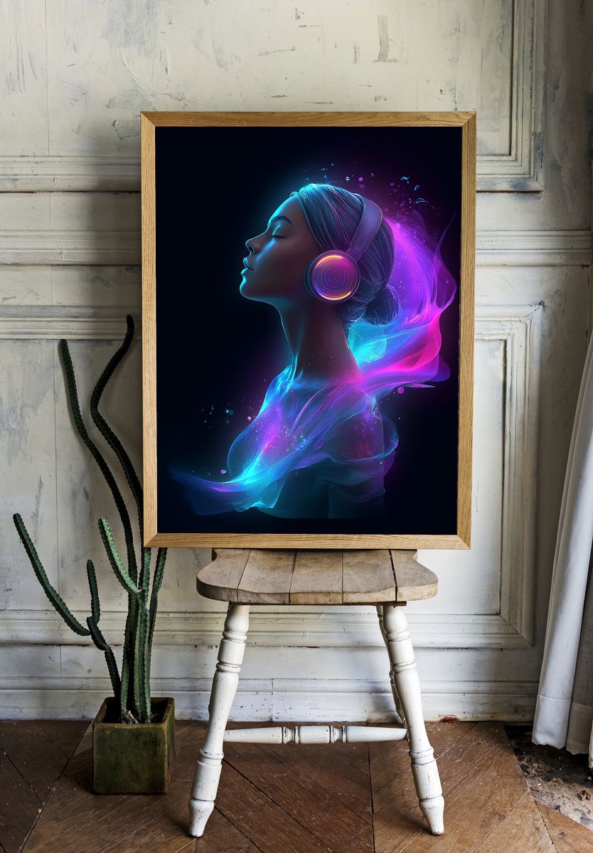 Neon Headphones Portrait Print. — room view 1