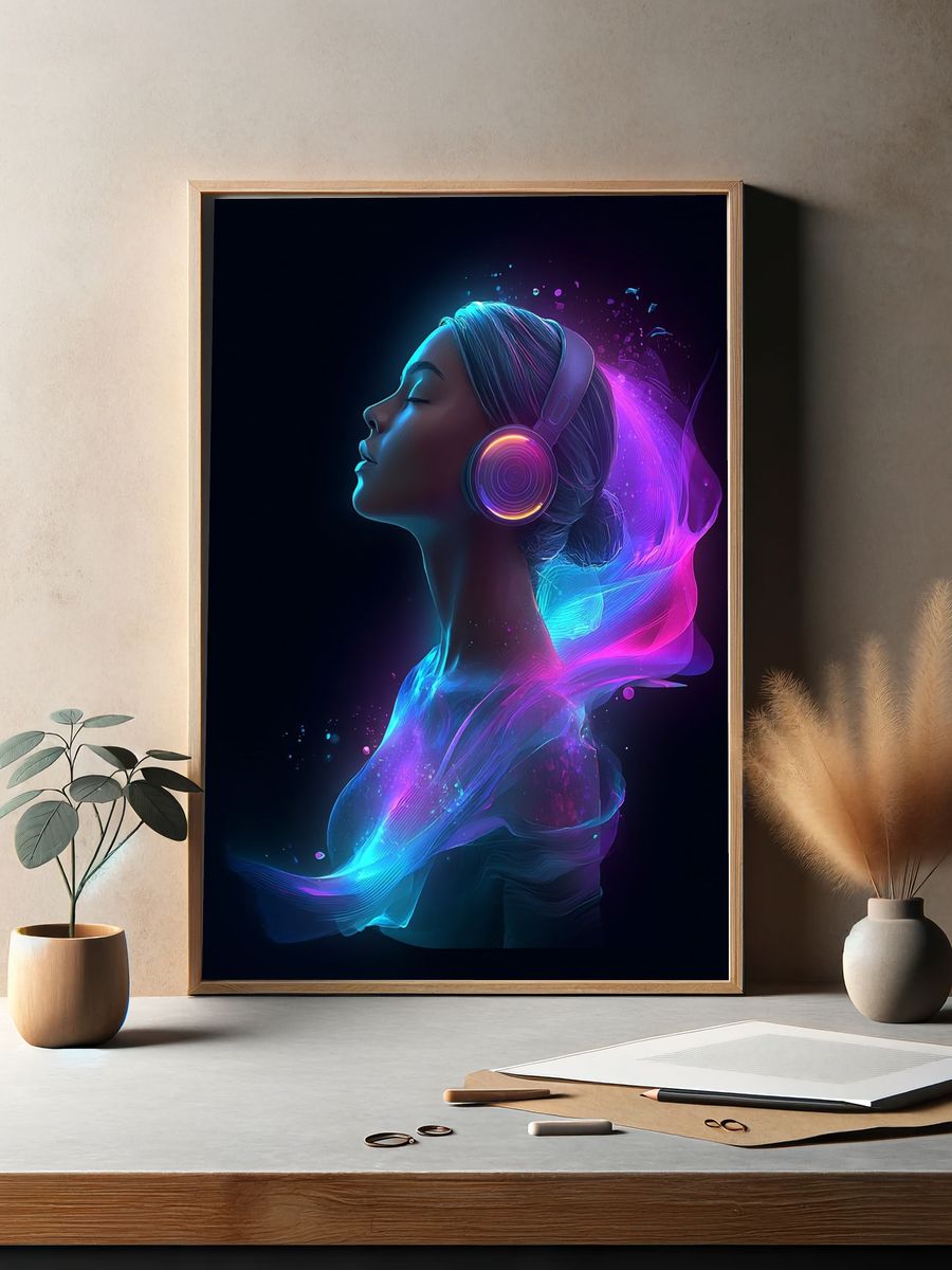 Neon Headphones Portrait Print. — room view 2