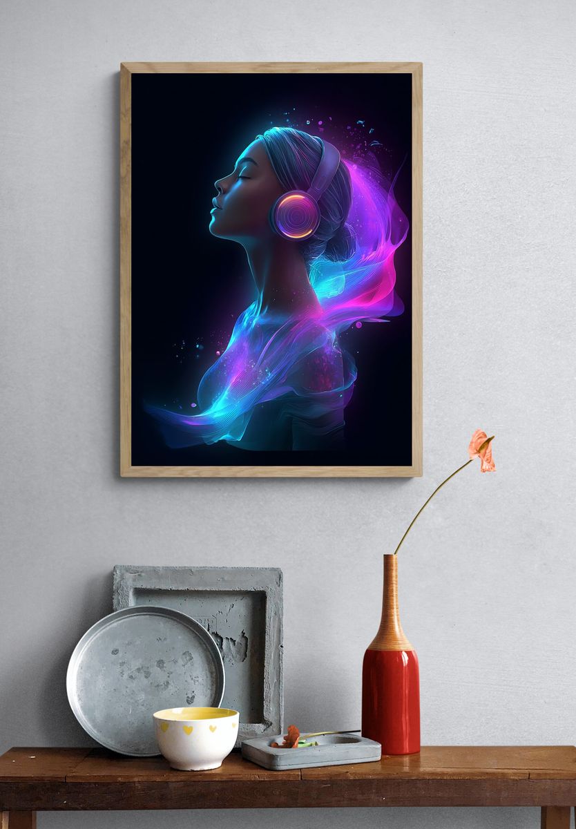 Neon Headphones Portrait Print. — room view 3