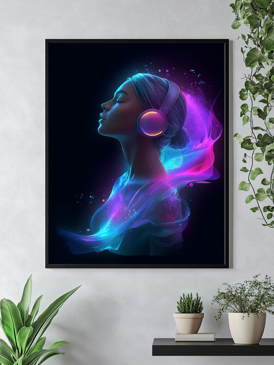 Neon Headphones Portrait Print. — room view 4