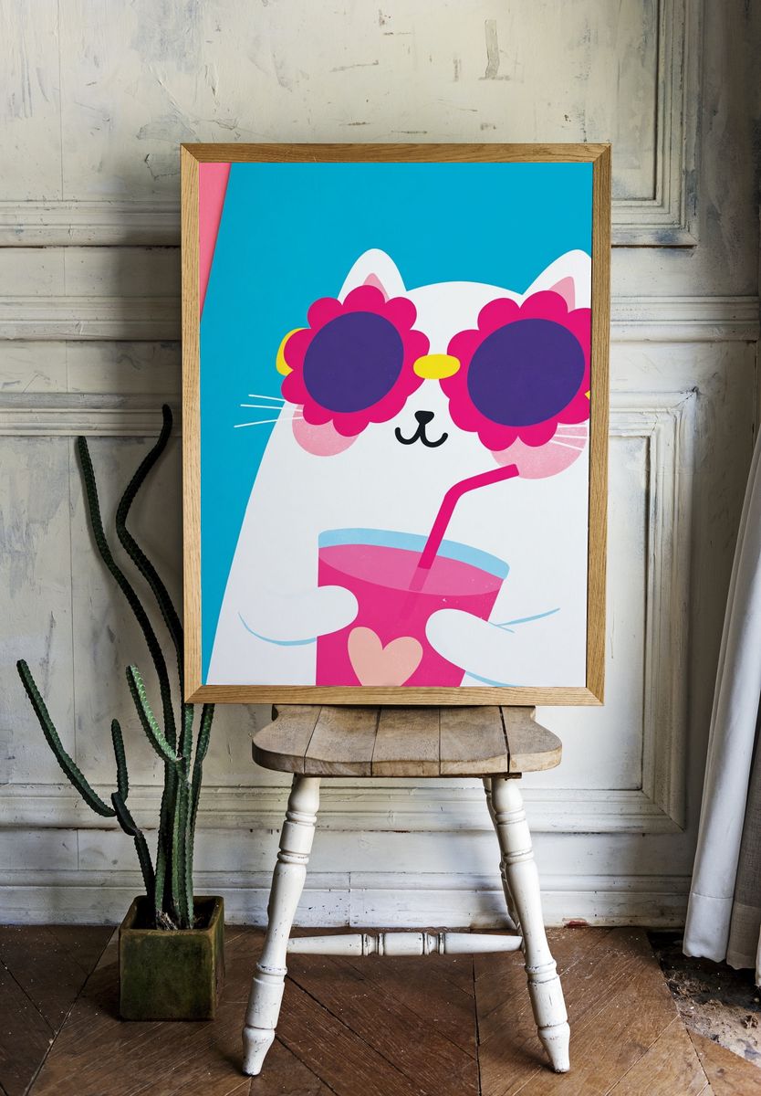 Cool Cat with Drink Cartoon Poster. — room view 1