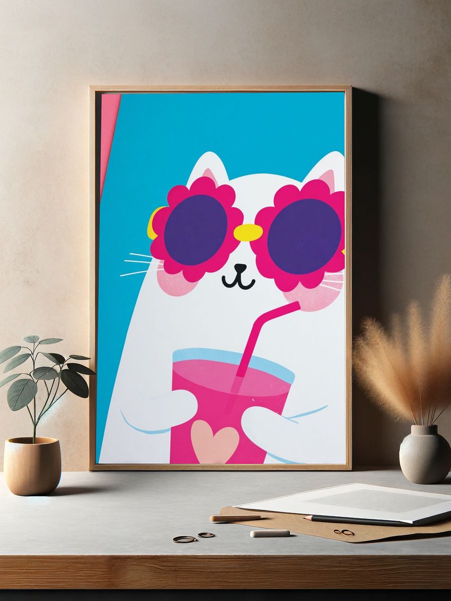 Cool Cat with Drink Cartoon Poster. — room view 2