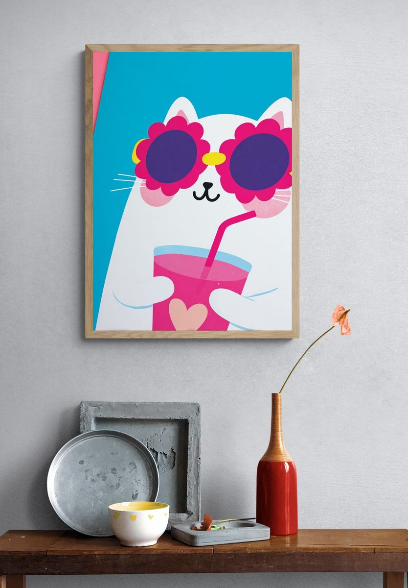 Cool Cat with Drink Cartoon Poster. — room view 3