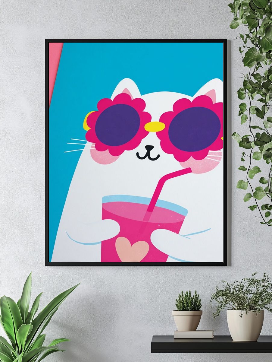 Cool Cat with Drink Cartoon Poster. — room view 4