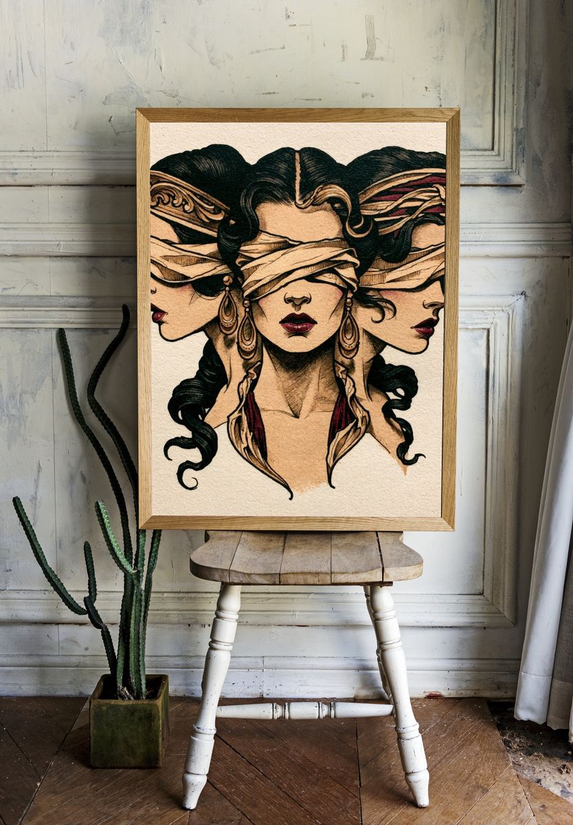 Blindfolded Women Illustration Poster. — room view 1