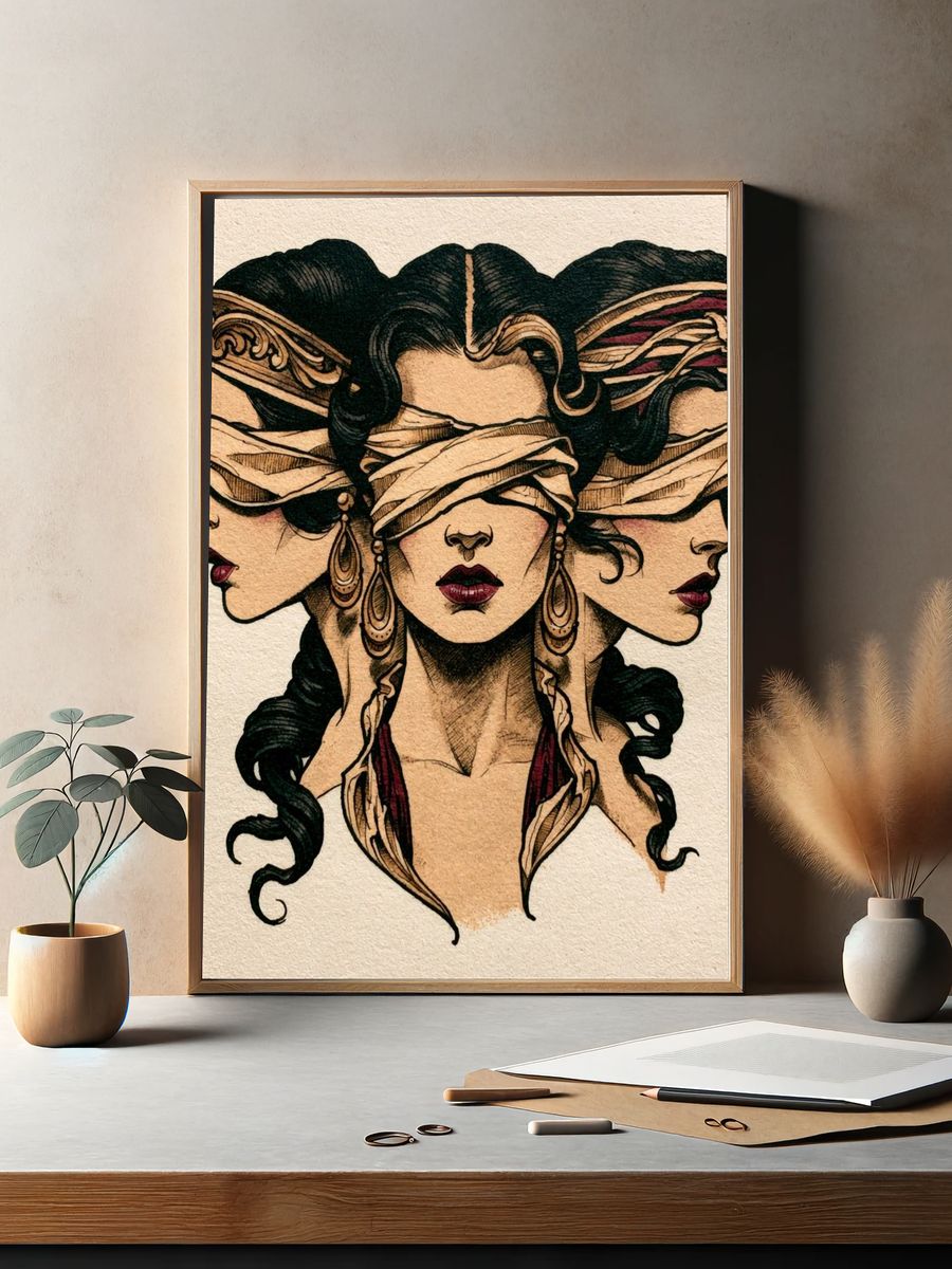 Blindfolded Women Illustration Poster. — room view 2