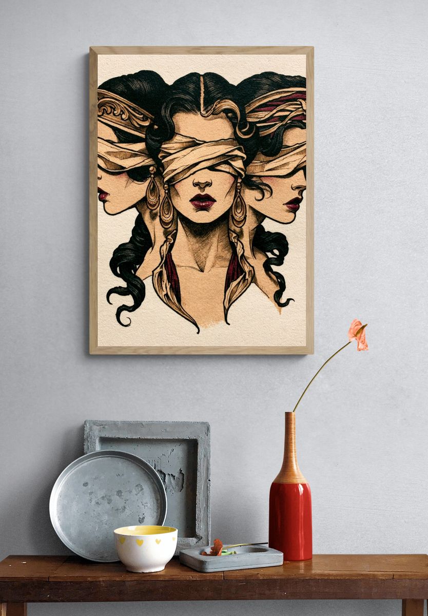 Blindfolded Women Illustration Poster. — room view 3
