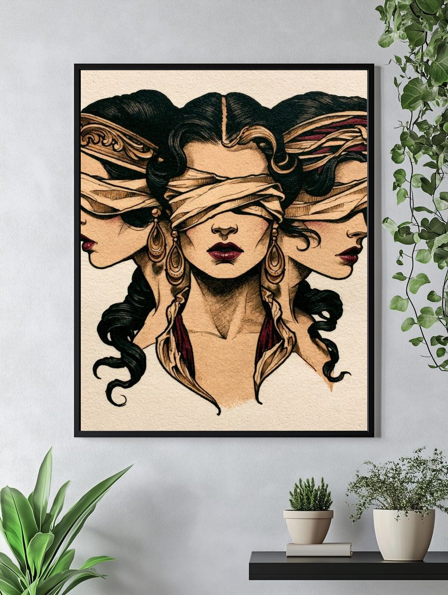 Blindfolded Women Illustration Poster. — room view 4