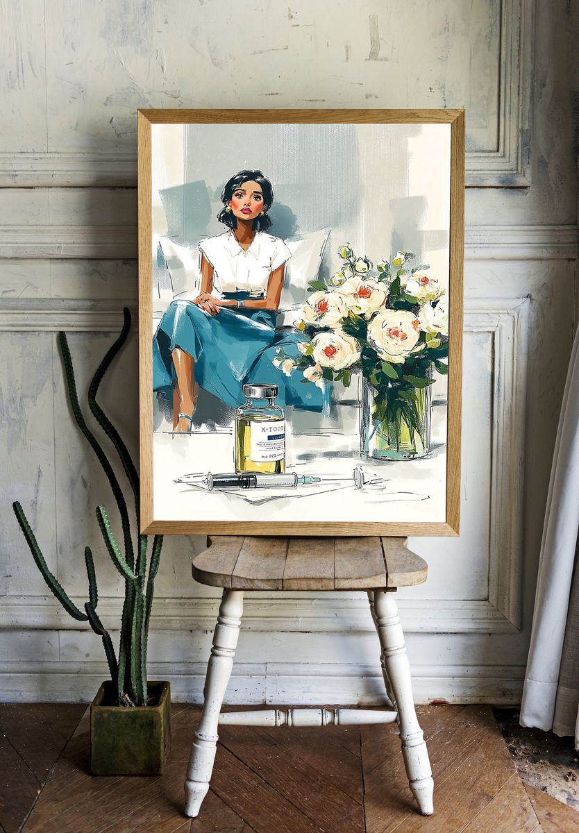 Elegant Woman with Flowers — Illustration Print. — room view 1