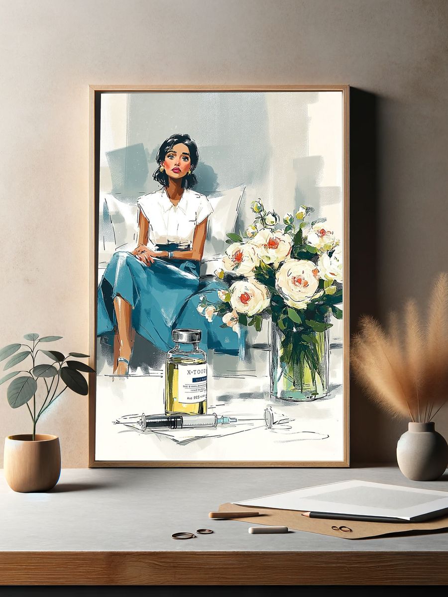 Elegant Woman with Flowers — Illustration Print. — room view 2