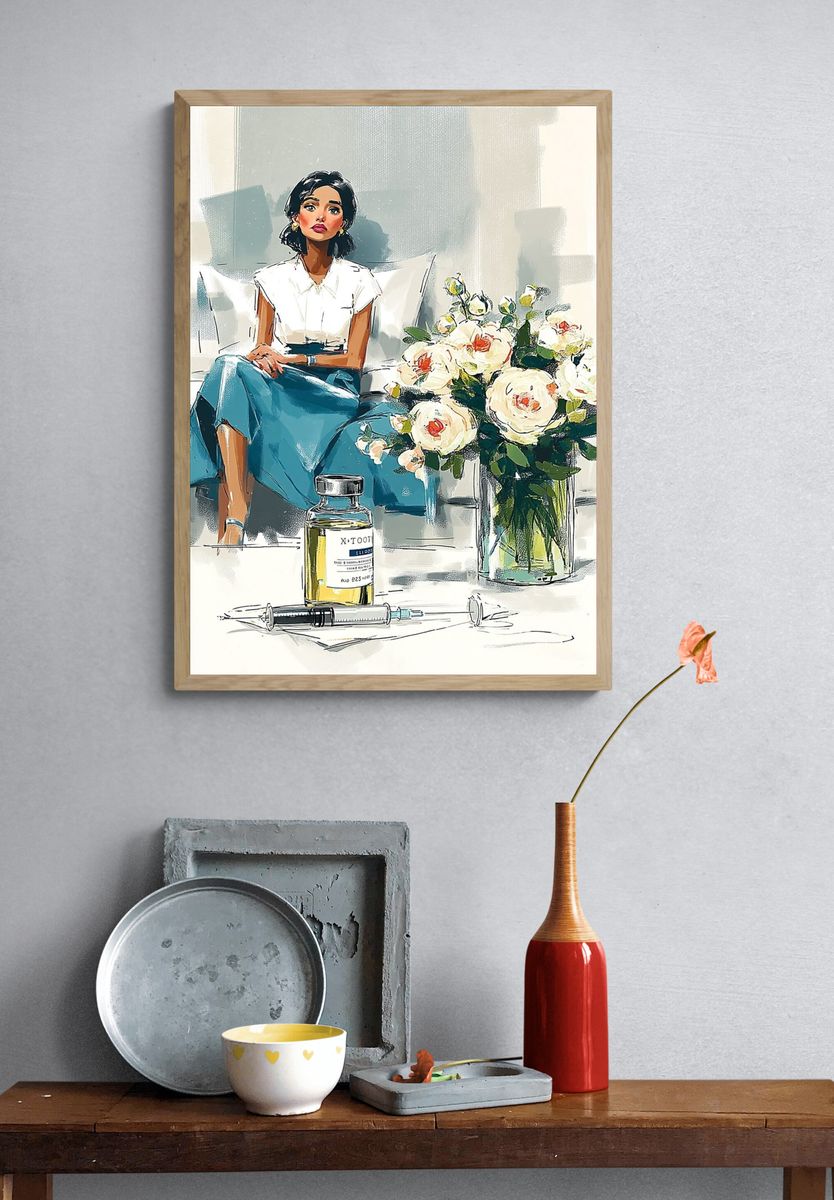 Elegant Woman with Flowers — Illustration Print. — room view 3