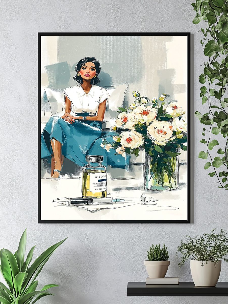 Elegant Woman with Flowers — Illustration Print. — room view 4