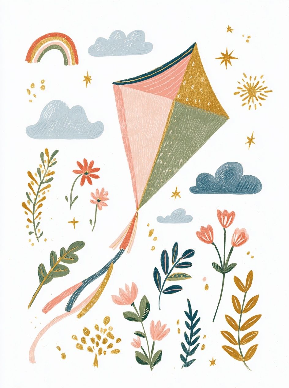 Boho Kite and Florals Illustration Poster. poster detail