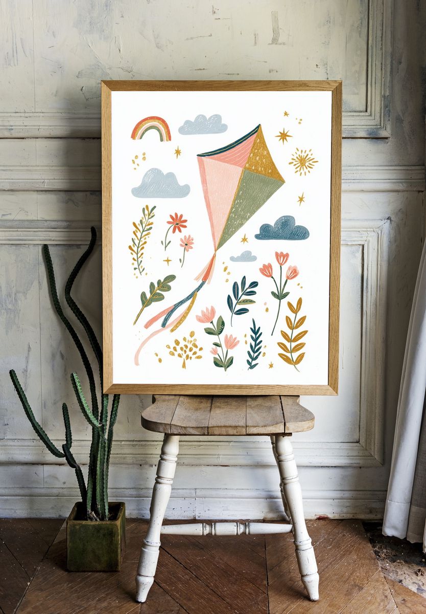 Boho Kite and Florals Illustration Poster. — room view 1