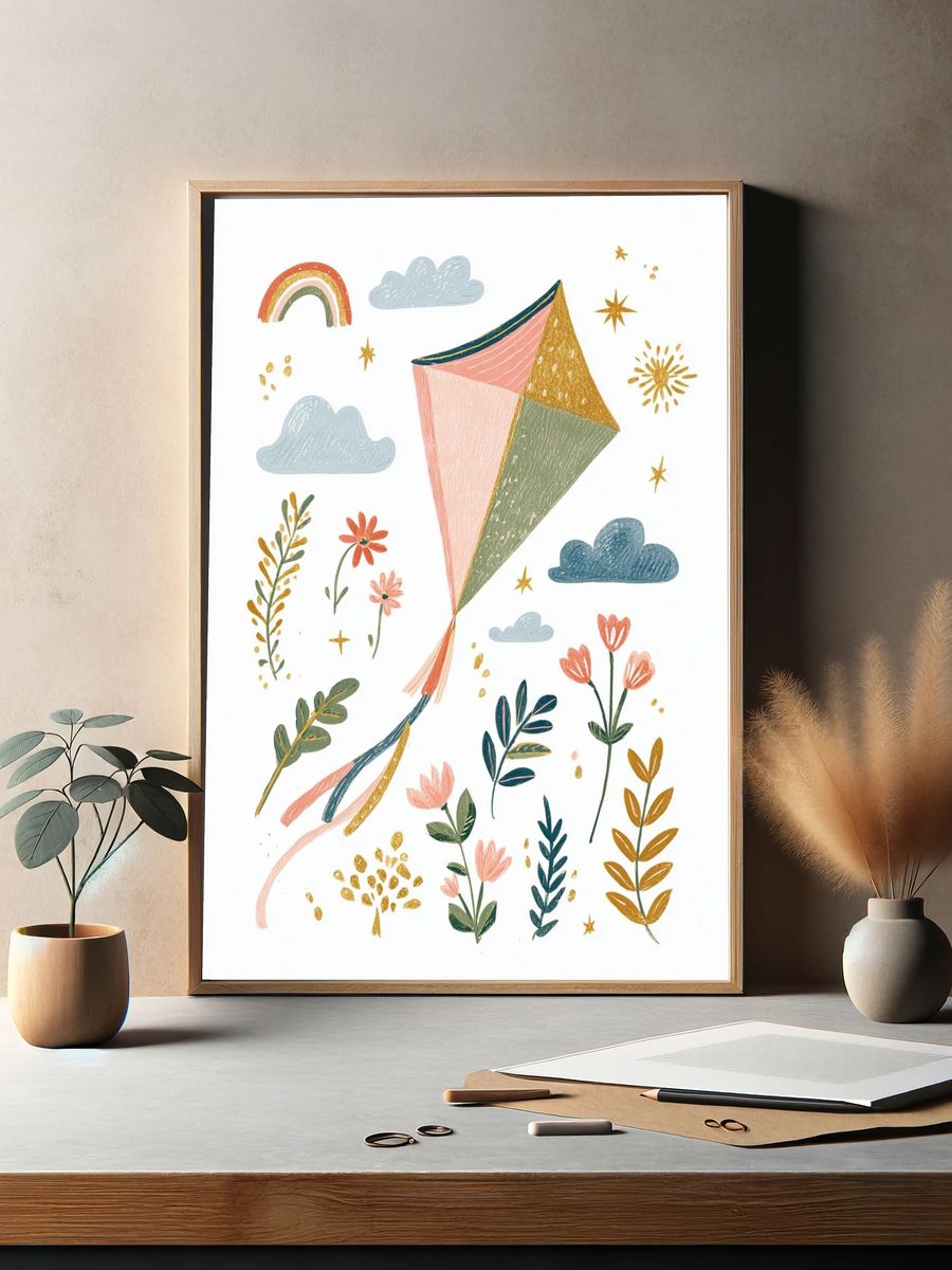 Boho Kite and Florals Illustration Poster. — room view 2