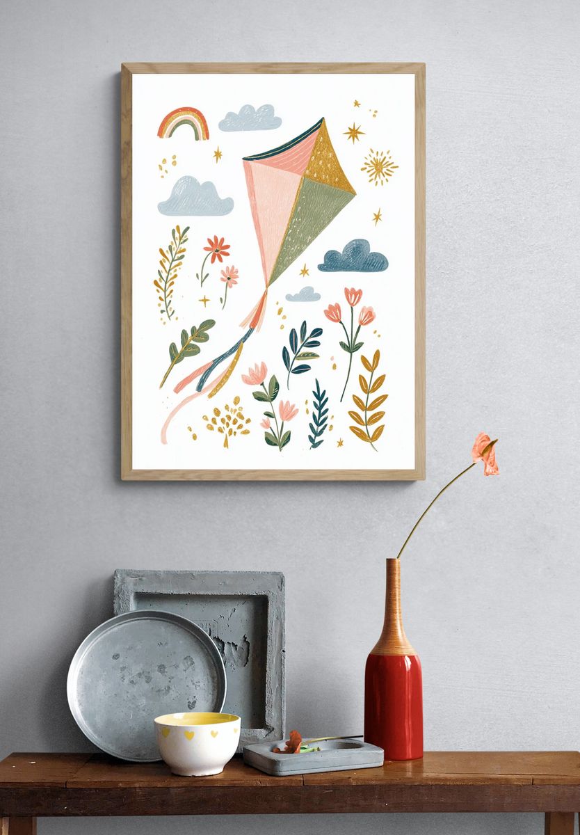 Boho Kite and Florals Illustration Poster. — room view 3