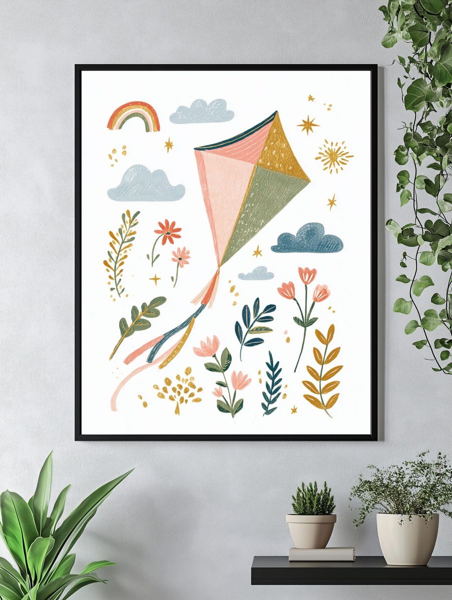 Boho Kite and Florals Illustration Poster. — room view 4