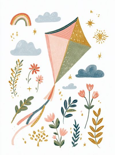 Boho Kite and Florals Illustration Poster. poster print