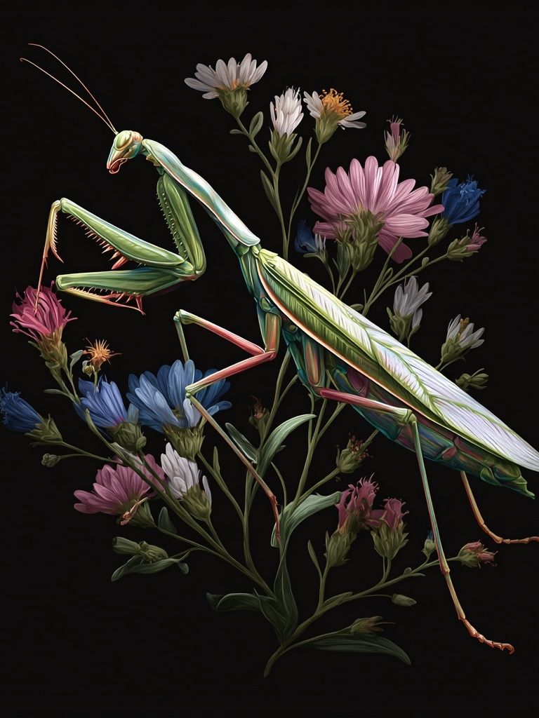Praying Mantis and Flowers — Illustration Print. poster — illustration art