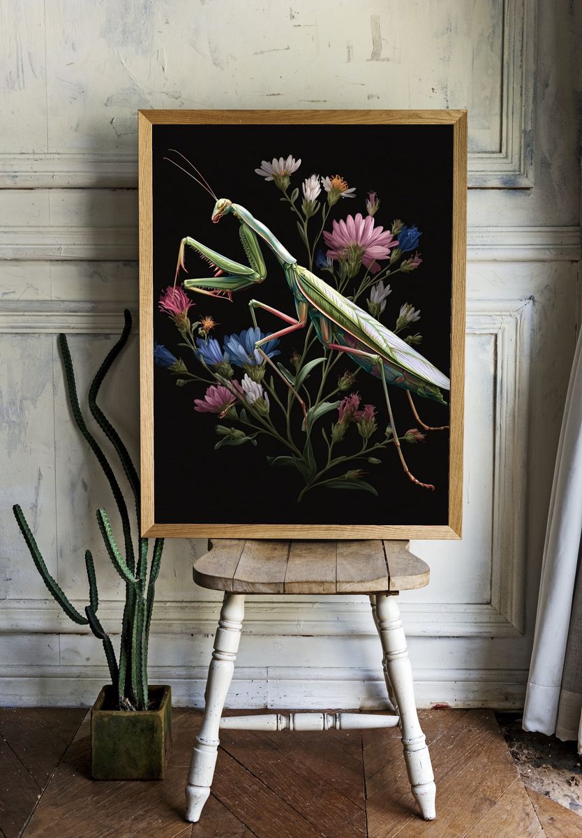 Praying Mantis and Flowers — Illustration Print. — room view 1