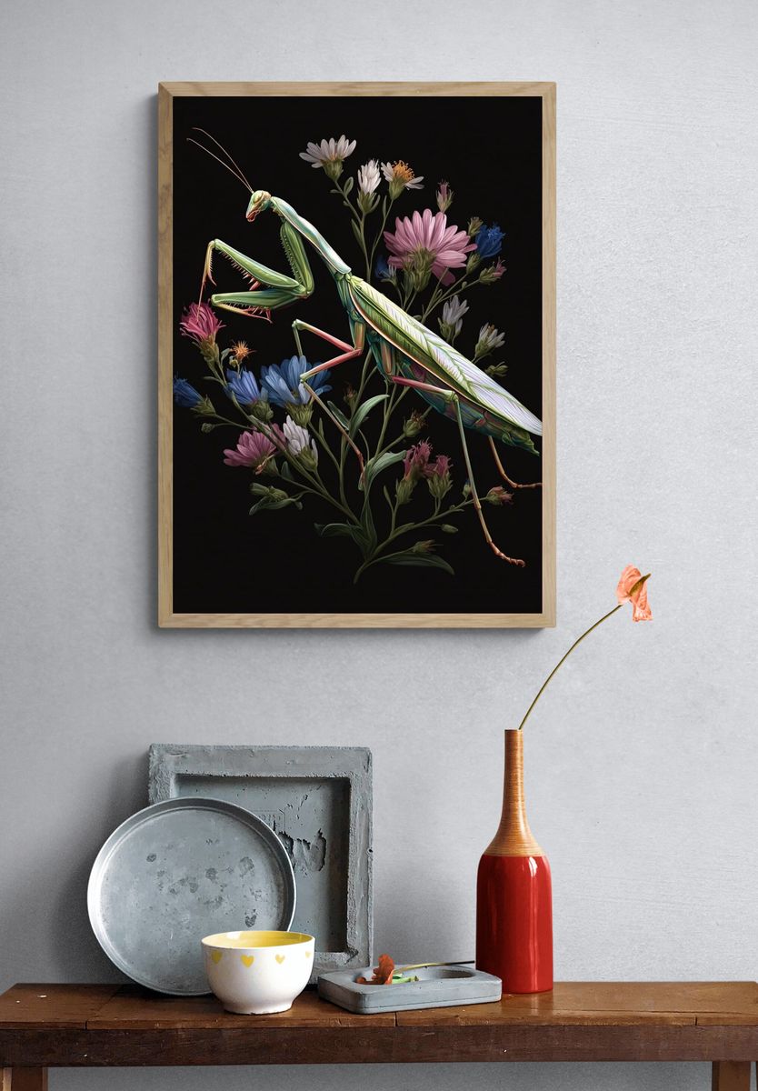 Praying Mantis and Flowers — Illustration Print. — room view 3