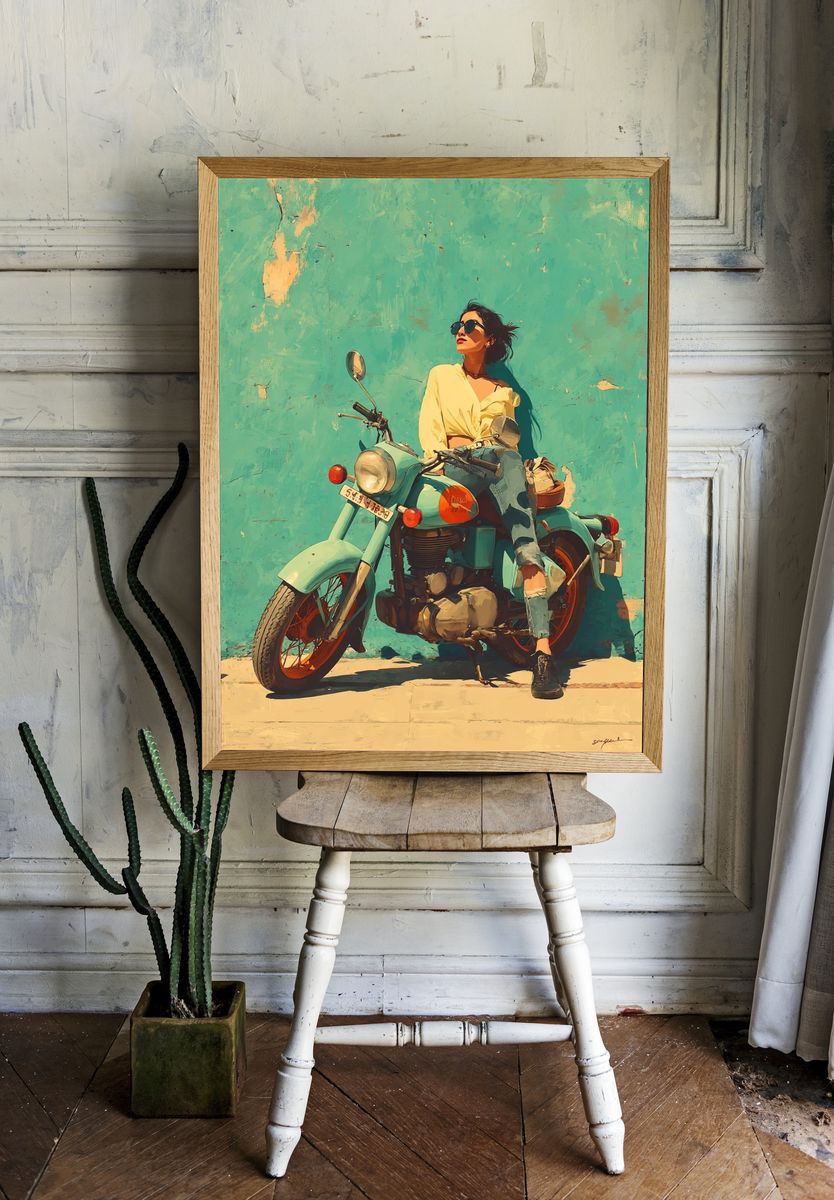 Vintage Motorcycle Girl — Illustration Print. — room view 1