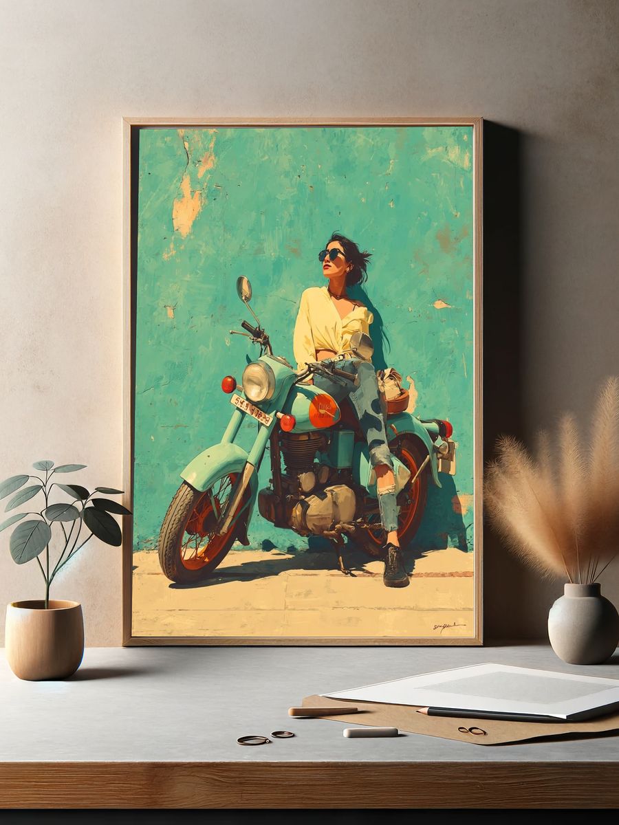 Vintage Motorcycle Girl — Illustration Print. — room view 2