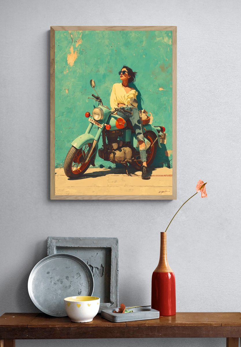 Vintage Motorcycle Girl — Illustration Print. — room view 3