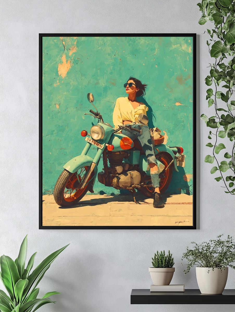 Vintage Motorcycle Girl — Illustration Print. — room view 4